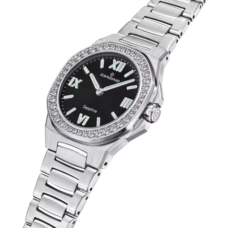 Reloj Candino analogo, para Dama, tablero redondo color negro, estilo index + romano, pulso acero color plateado