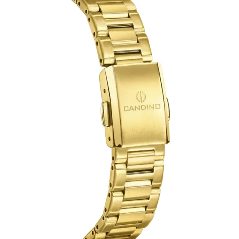 Reloj Candino analogo, para Dama, tablero redondo color blanco, estilo puntos + romano, pulso acero color dorado