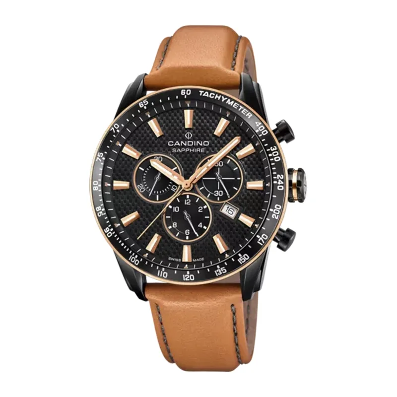 Reloj Candino analogo, para Hombre, tablero redondo colores negro y café, estilo index, pulso cuero color café, calendario, cronografo