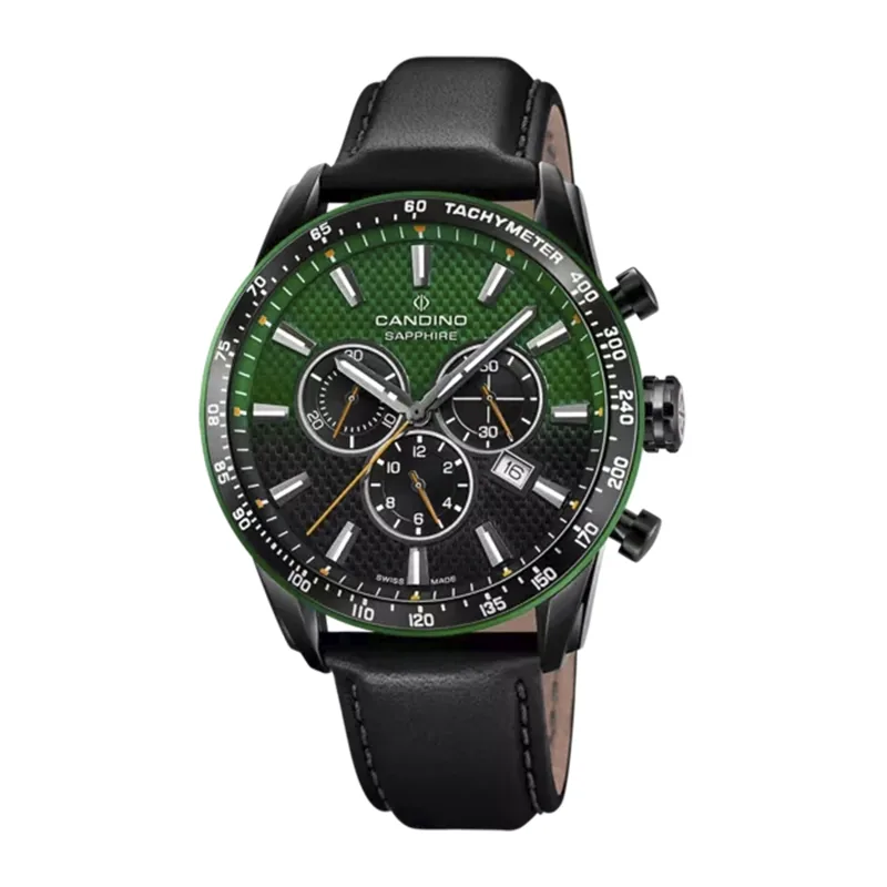 Reloj Candino analogo, para Hombre, tablero redondo colores verde y negro, estilo index, pulso cuero color negro, calendario, cronografo