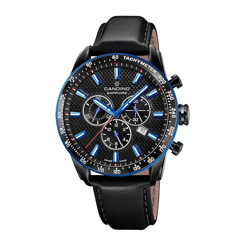Reloj Candino analogo, para Hombre, tablero redondo colores negro y azul, estilo index, pulso cuero color negro, calendario, cronografo