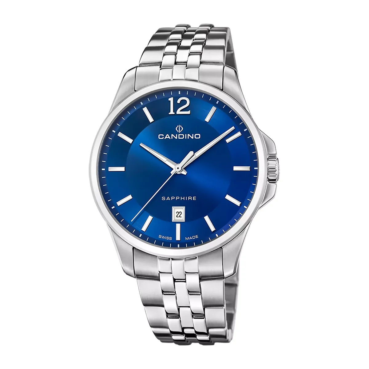 Reloj Candino análogo, para Hombre, tablero redondo color azul, estilo index + arábigo, pulso acero color plateado, calendario