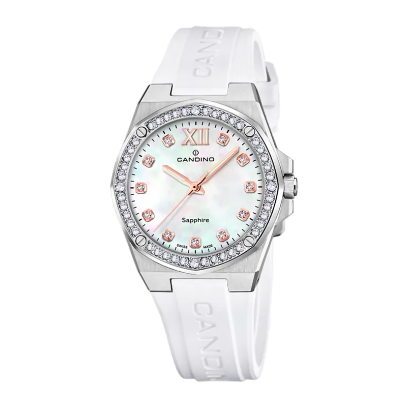 Reloj Candino analogo, para Dama, tablero redondo colores blanco y rosa, estilo puntos + romano, pulso silicona color blanco