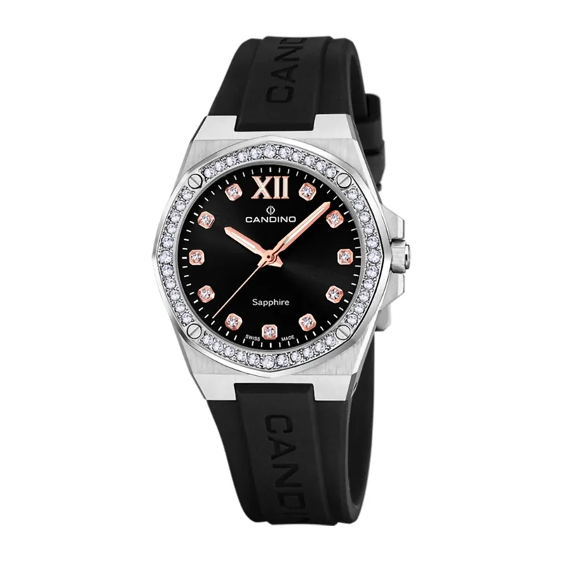 Reloj Candino analogo, para Dama, tablero redondo colores negro y rosa, estilo puntos + romano, pulso silicona color negro