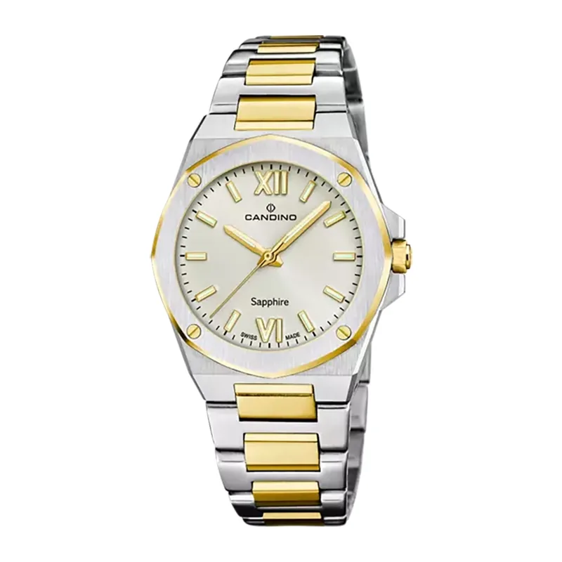 Reloj Candino analogo, para Dama, tablero redondo color plateado, estilo index + romano, pulso acero colores dorado y plateado