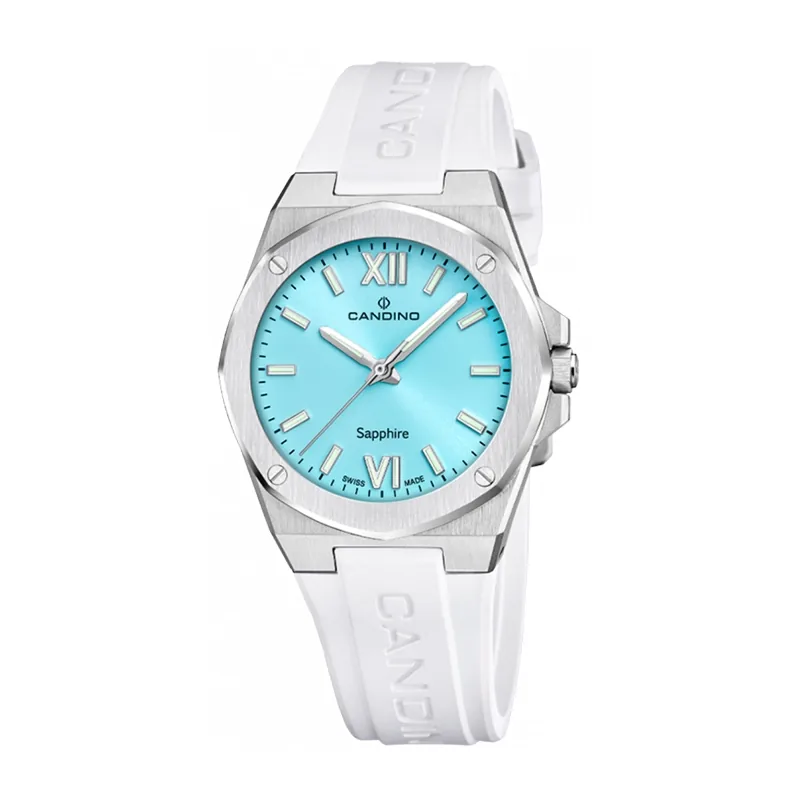 Reloj Candino analogo, para Dama, tablero redondo color azul, estilo index + romano, pulso silicona color blanco