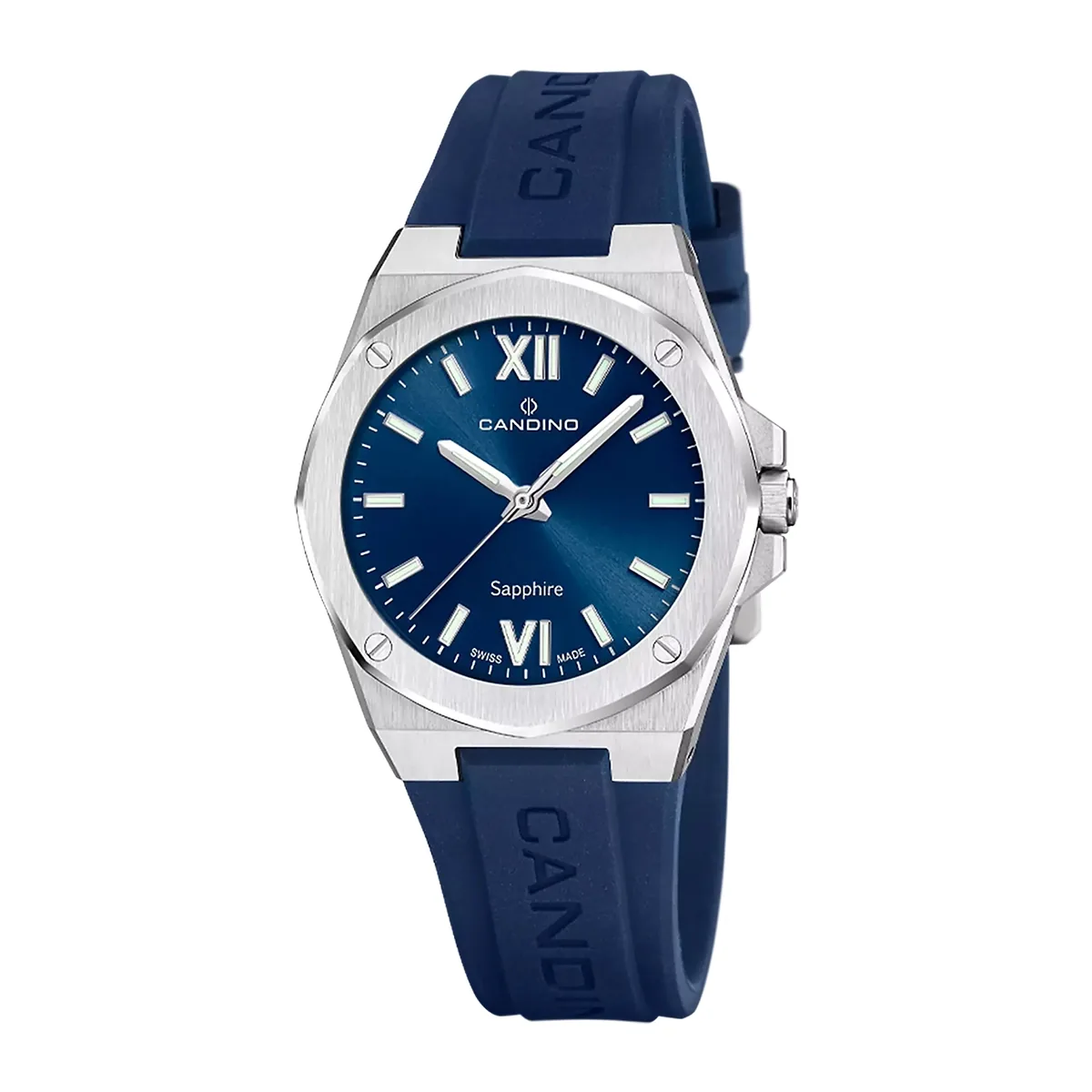 Reloj Candino analogo, para Dama, tablero redondo color azul, estilo index + romano, pulso silicona color azul