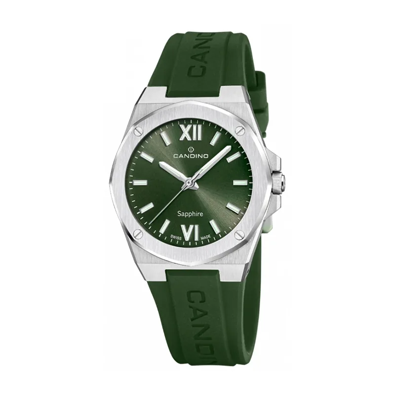 Reloj Candino analogo, para Dama, tablero redondo color verde, estilo index + romano, pulso silicona color verde