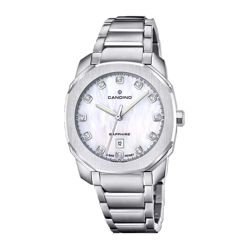 Reloj Candino analogo, para Dama, tablero redondo color blanco, estilo index, pulso acero color plateado, calendario