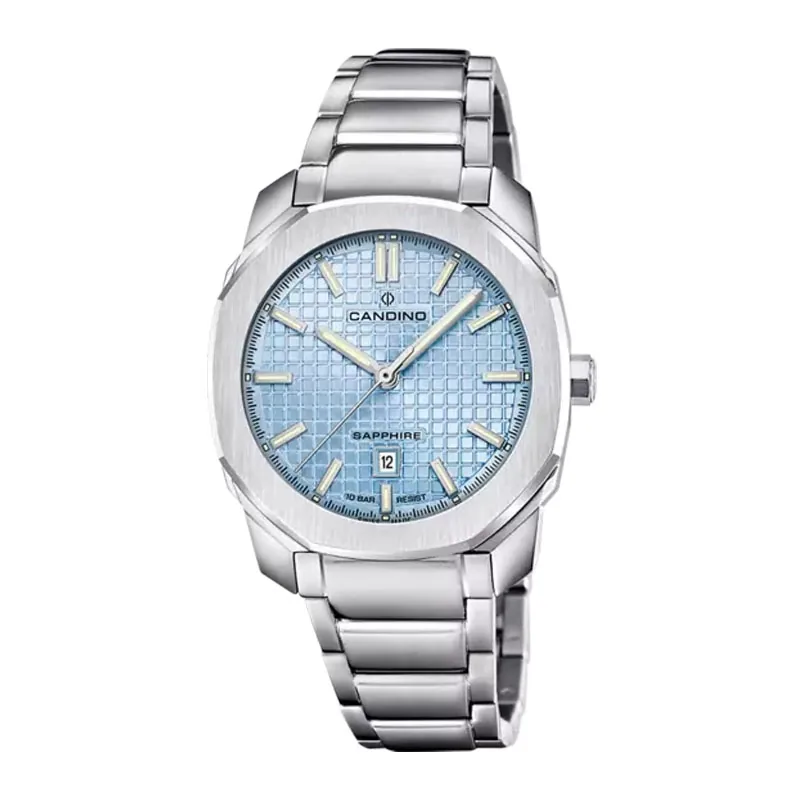 Reloj Candino analogo, para Dama, tablero redondo color azul, estilo index, pulso acero color plateado, calendario