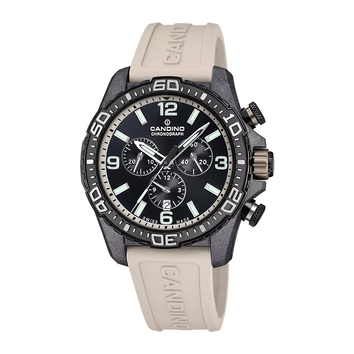 Reloj Candino analogo, para Hombre, tablero redondo color negro, estilo index + arabigo, pulso silicona color beige, calendario, cronografo