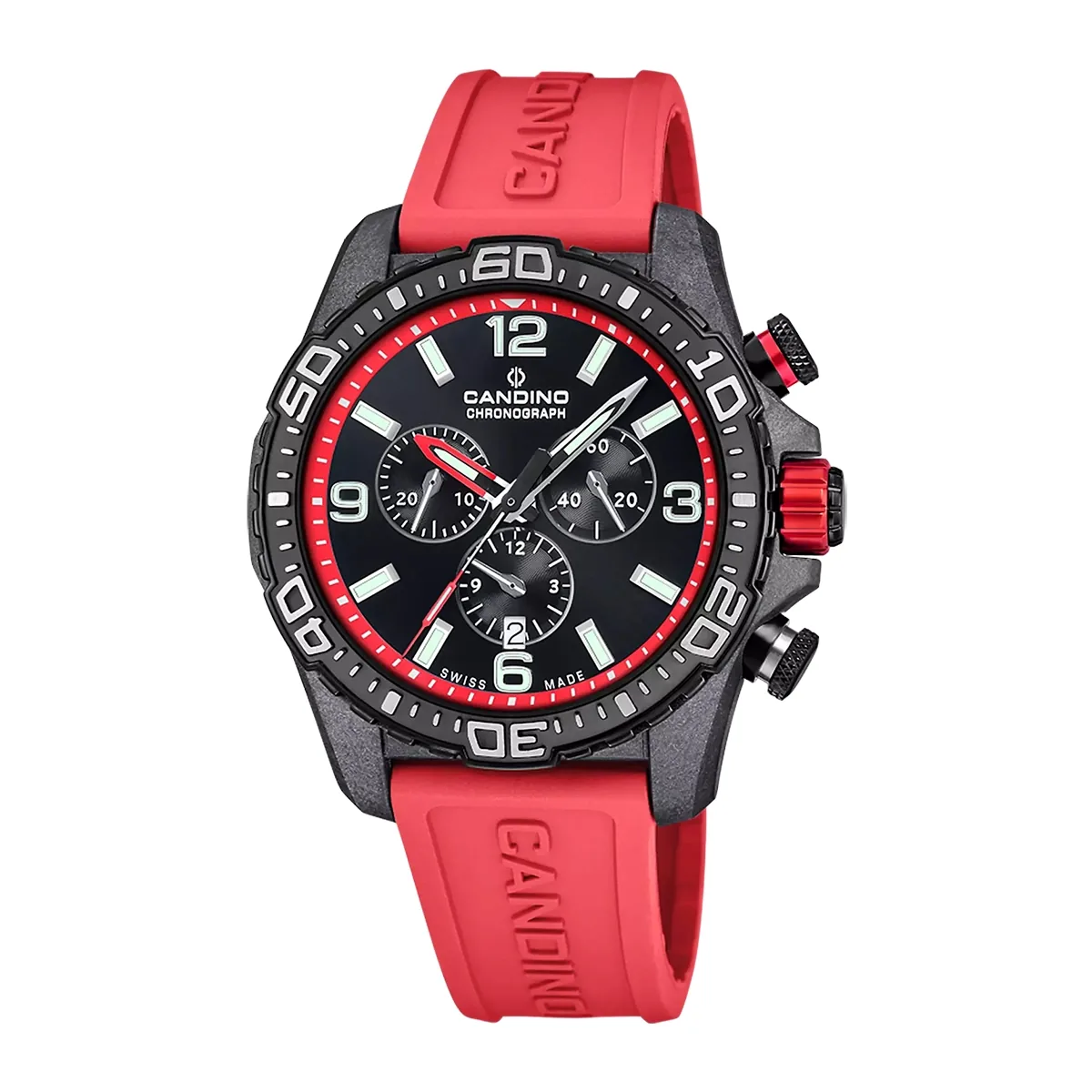 Reloj Candino analogo, para Hombre, tablero redondo color negro, estilo index + arabigo, pulso silicona color rojo, calendario, cronografo