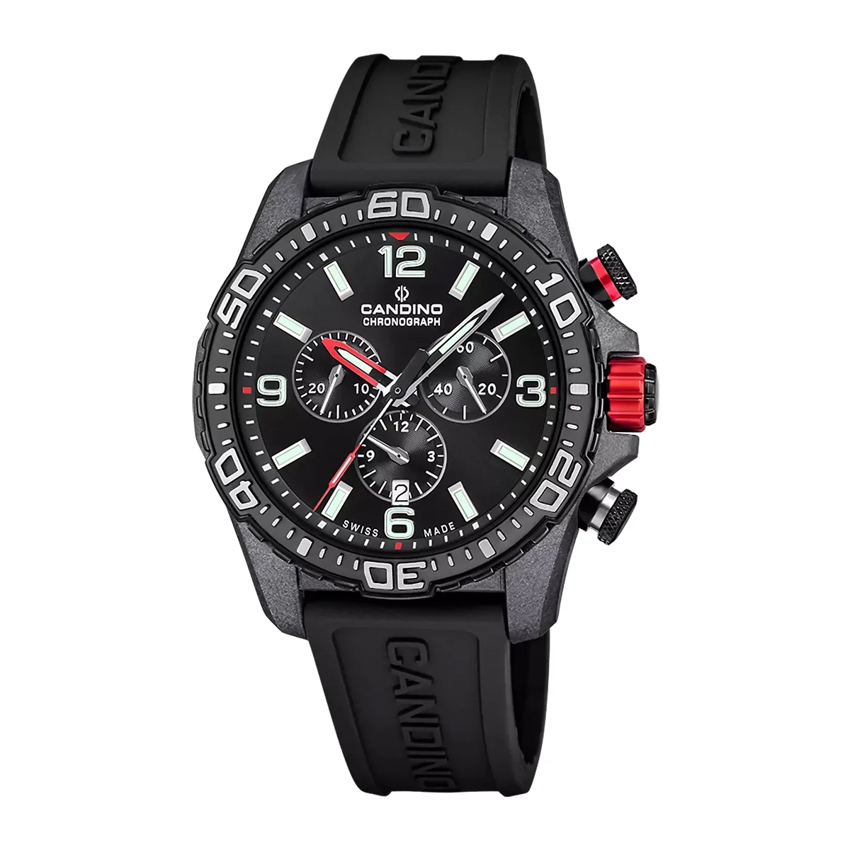 Reloj Candino analogo, para Hombre, tablero redondo color negro, estilo index + arabigo, pulso silicona color negro, calendario, cronografo