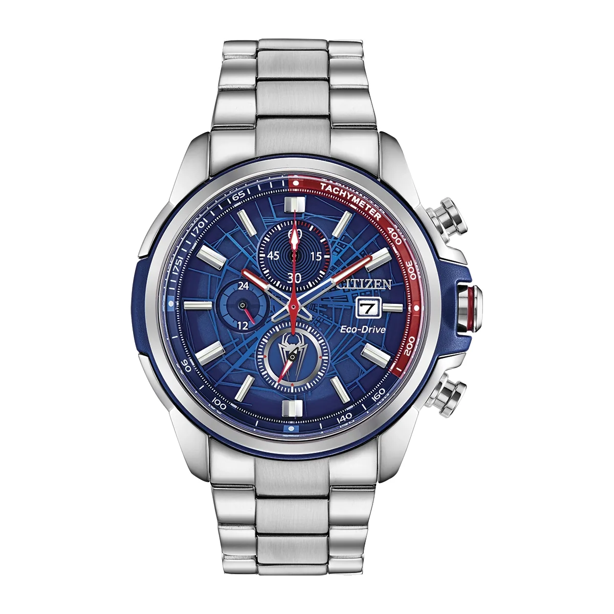 Reloj Citizen análogo, para Hombre, tablero redondo color azul, estilo index, pulso acero color plateado, calendario, cronografo