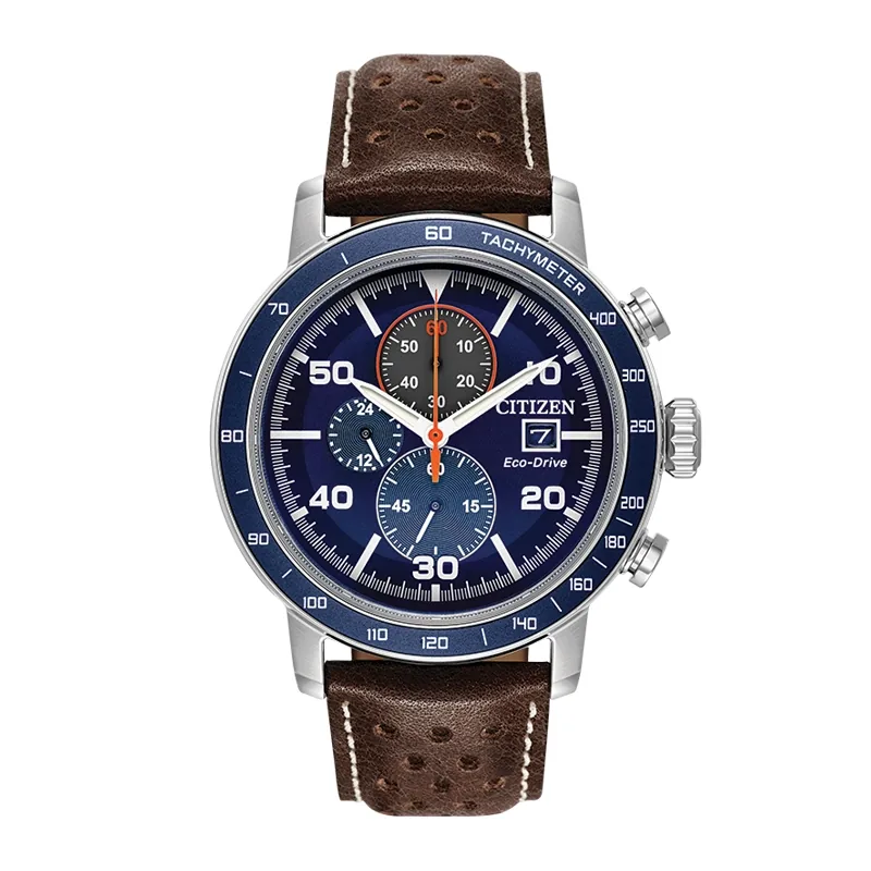 Reloj Citizen analogo, para Hombre, tablero redondo colores azul y rojo, estilo index + arabigo, pulso cuero color café, calendario, cronografo