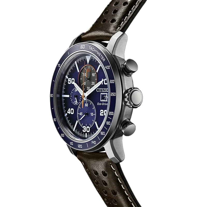 Reloj Citizen analogo, para Hombre, tablero redondo colores azul y rojo, estilo index + arabigo, pulso cuero color café, calendario, cronografo