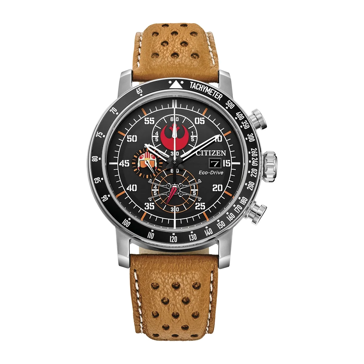 Reloj Citizen análogo, para Hombre, tablero redondo color negro, estilo arábigos, pulso cuero color café, calendario, cronografo