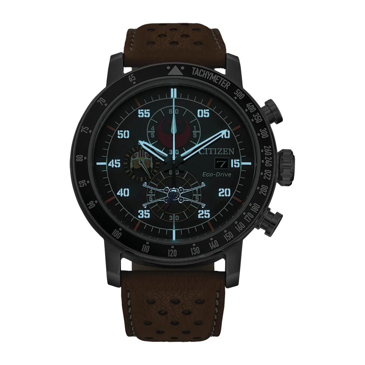 Reloj Citizen análogo, para Hombre, tablero redondo color negro, estilo arábigos, pulso cuero color café, calendario, cronografo