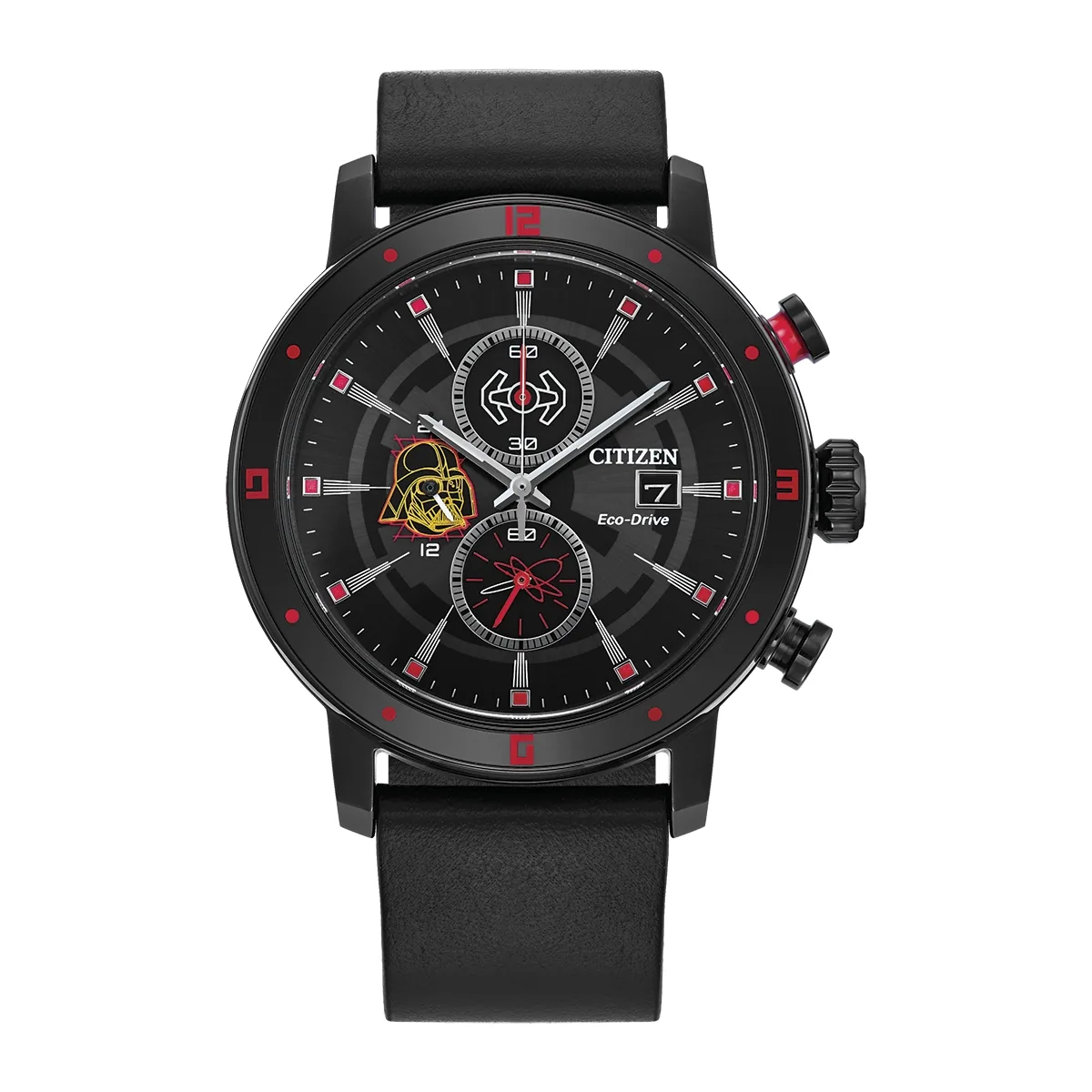 Reloj Citizen análogo, para Hombre, tablero redondo color negro, estilo index, pulso cuero color negro, calendario, cronografo