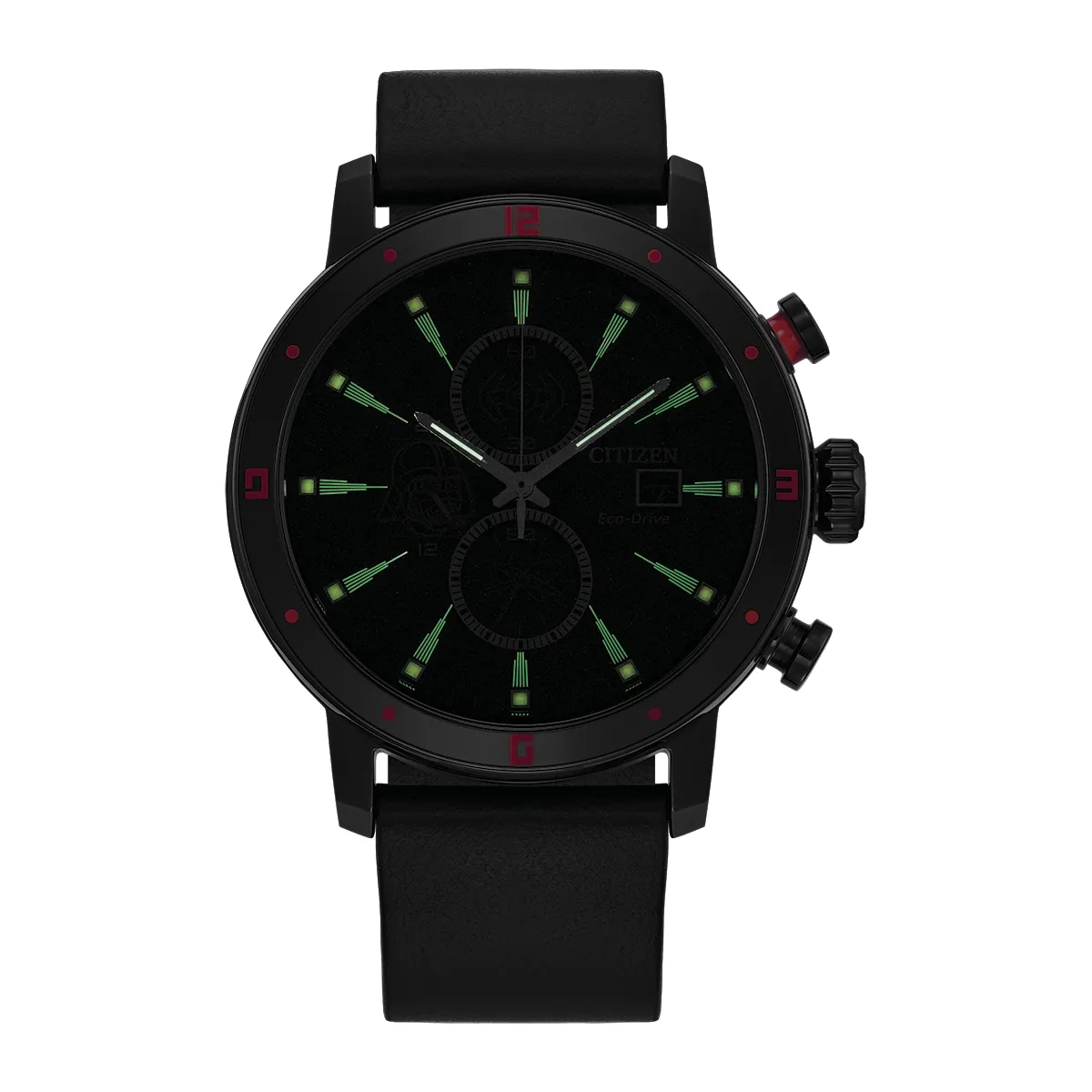 Reloj Citizen análogo, para Hombre, tablero redondo color negro, estilo index, pulso cuero color negro, calendario, cronografo