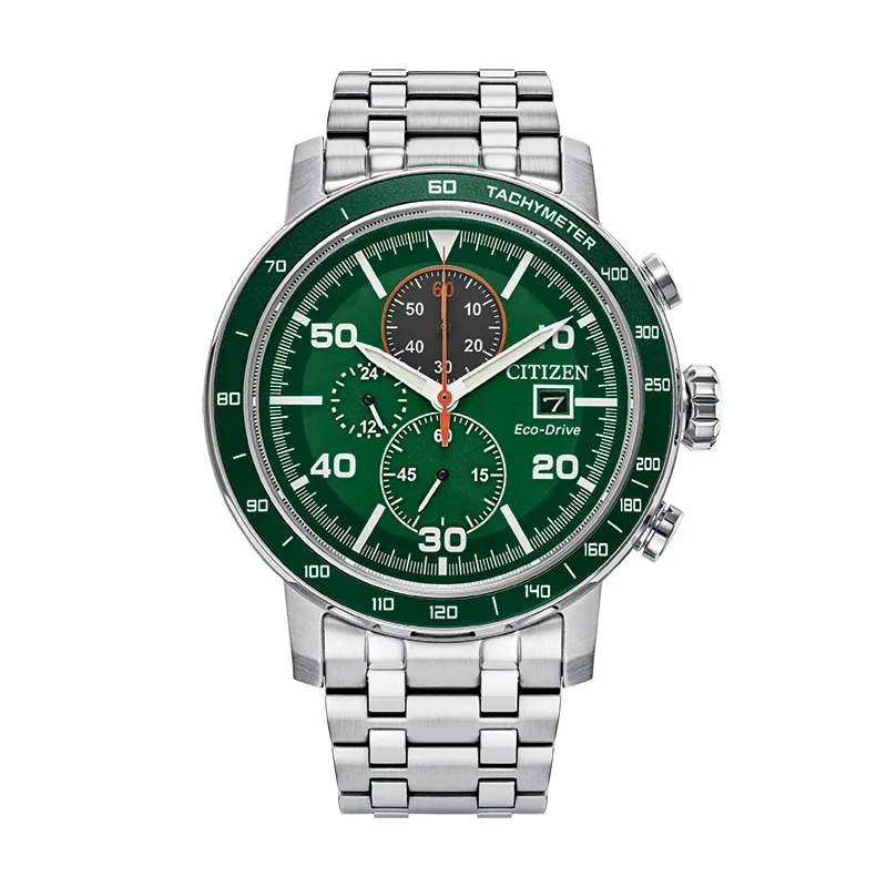 Reloj Citizen analogo, para Hombre, tablero redondo colores verde y naranja, estilo index + arabigo, pulso acero color plateado, calendario, cronografo