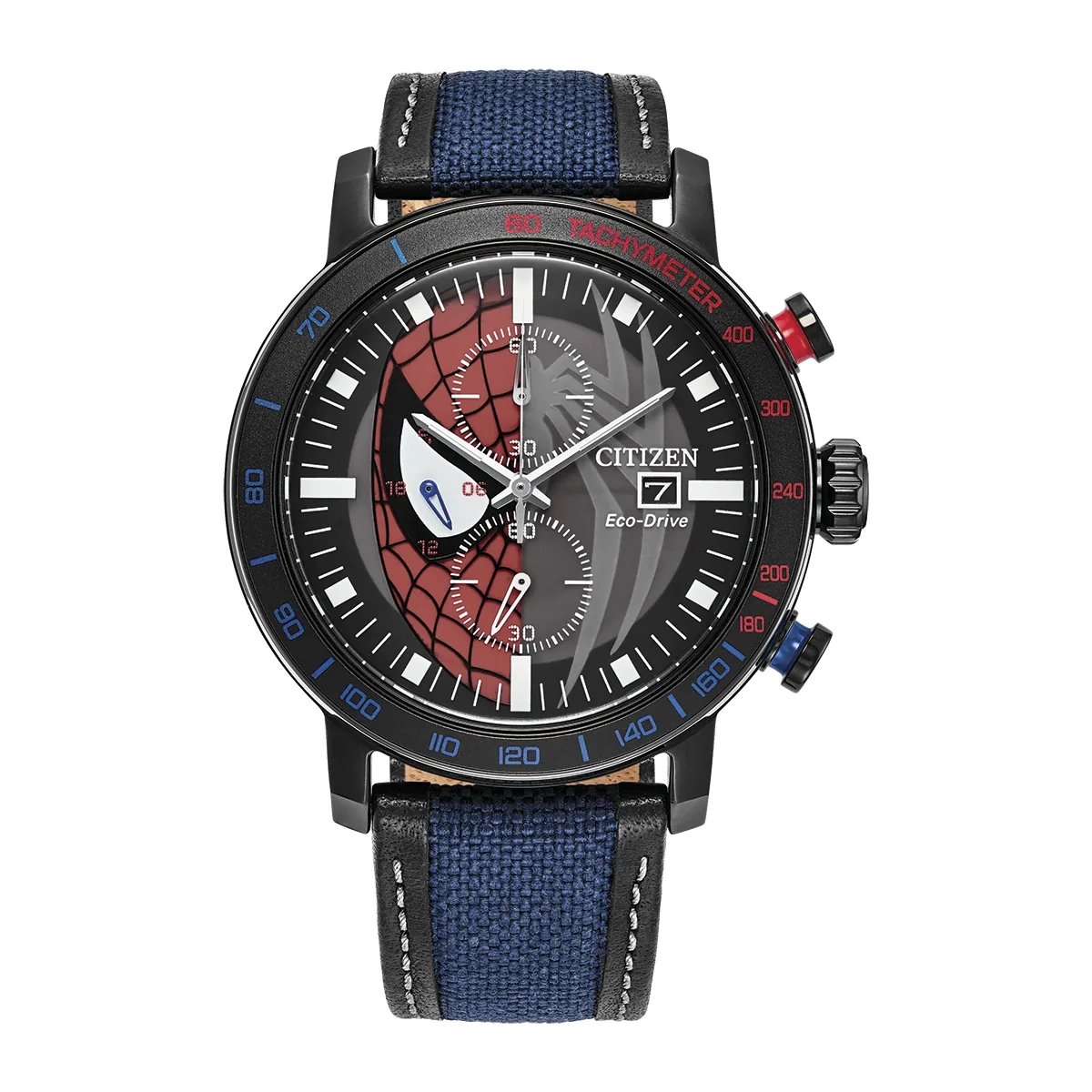 Reloj Citizen análogo, para Hombre, tablero redondo color gris, estilo index, pulso lona colores azul y negro, calendario, cronografo