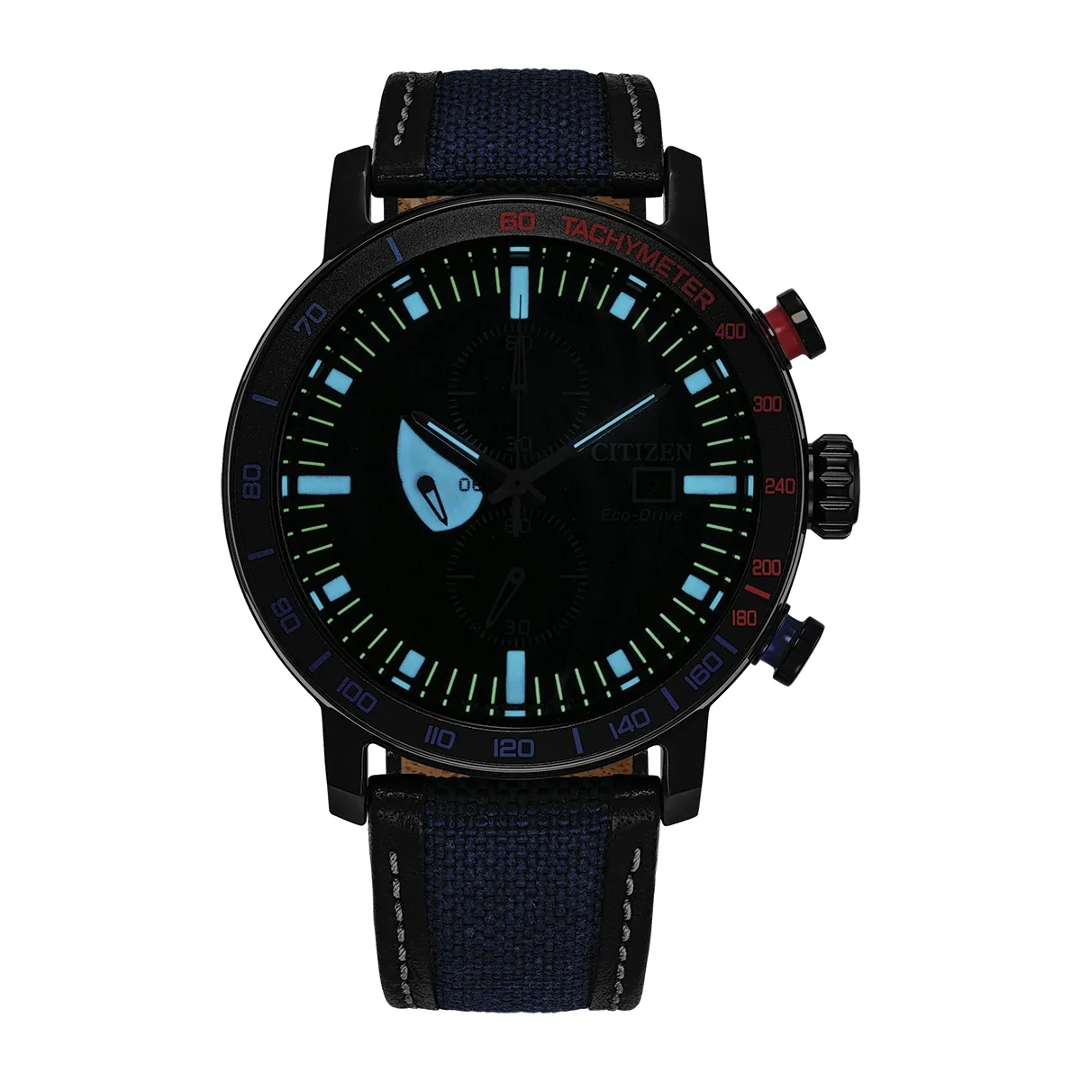 Reloj Citizen análogo, para Hombre, tablero redondo color gris, estilo index, pulso lona colores azul y negro, calendario, cronografo