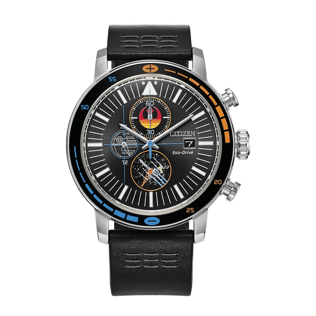 Reloj Citizen análogo, para Hombre, tablero redondo color negro, estilo index, pulso cuero color negro, calendario, cronografo