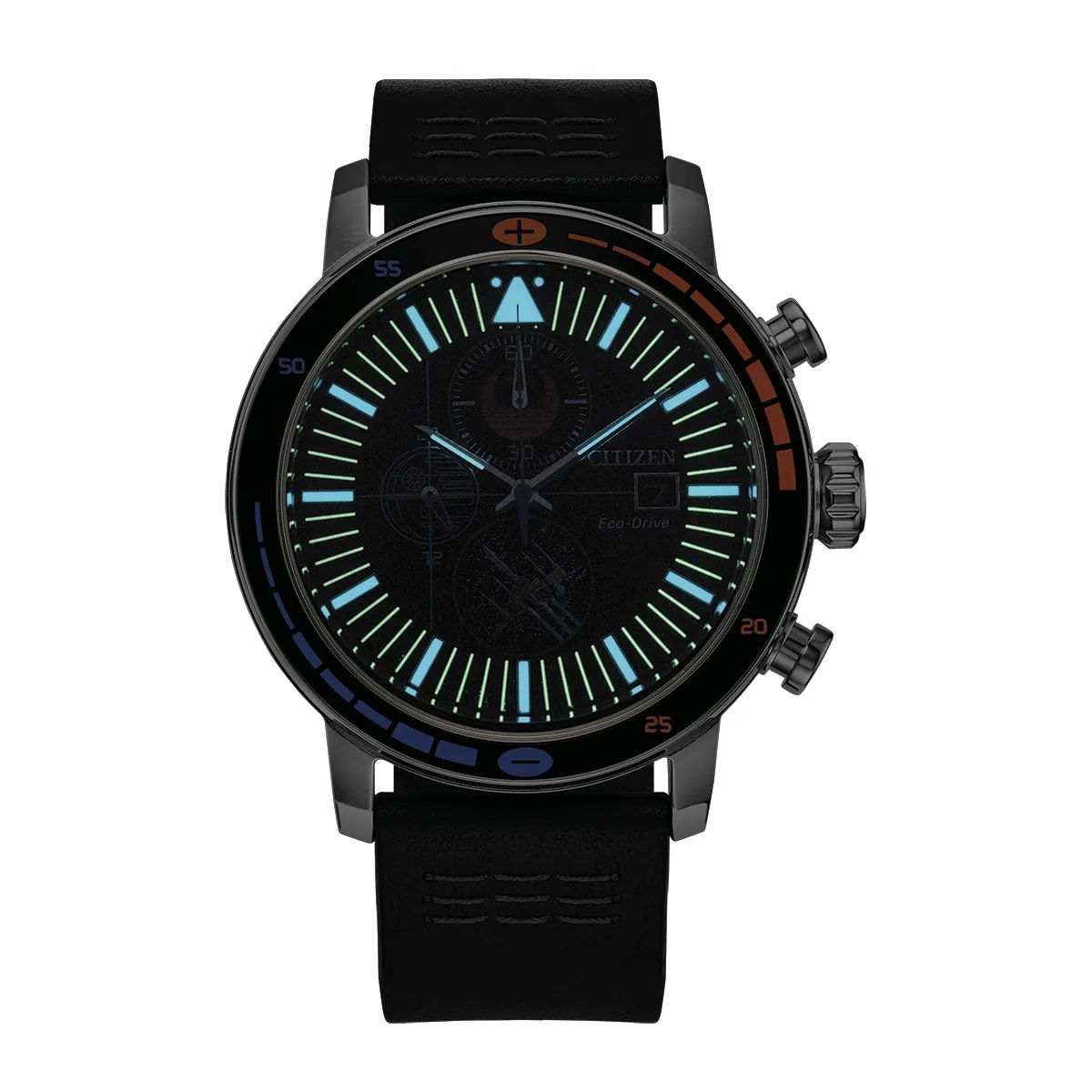 Reloj Citizen análogo, para Hombre, tablero redondo color negro, estilo index, pulso cuero color negro, calendario, cronografo