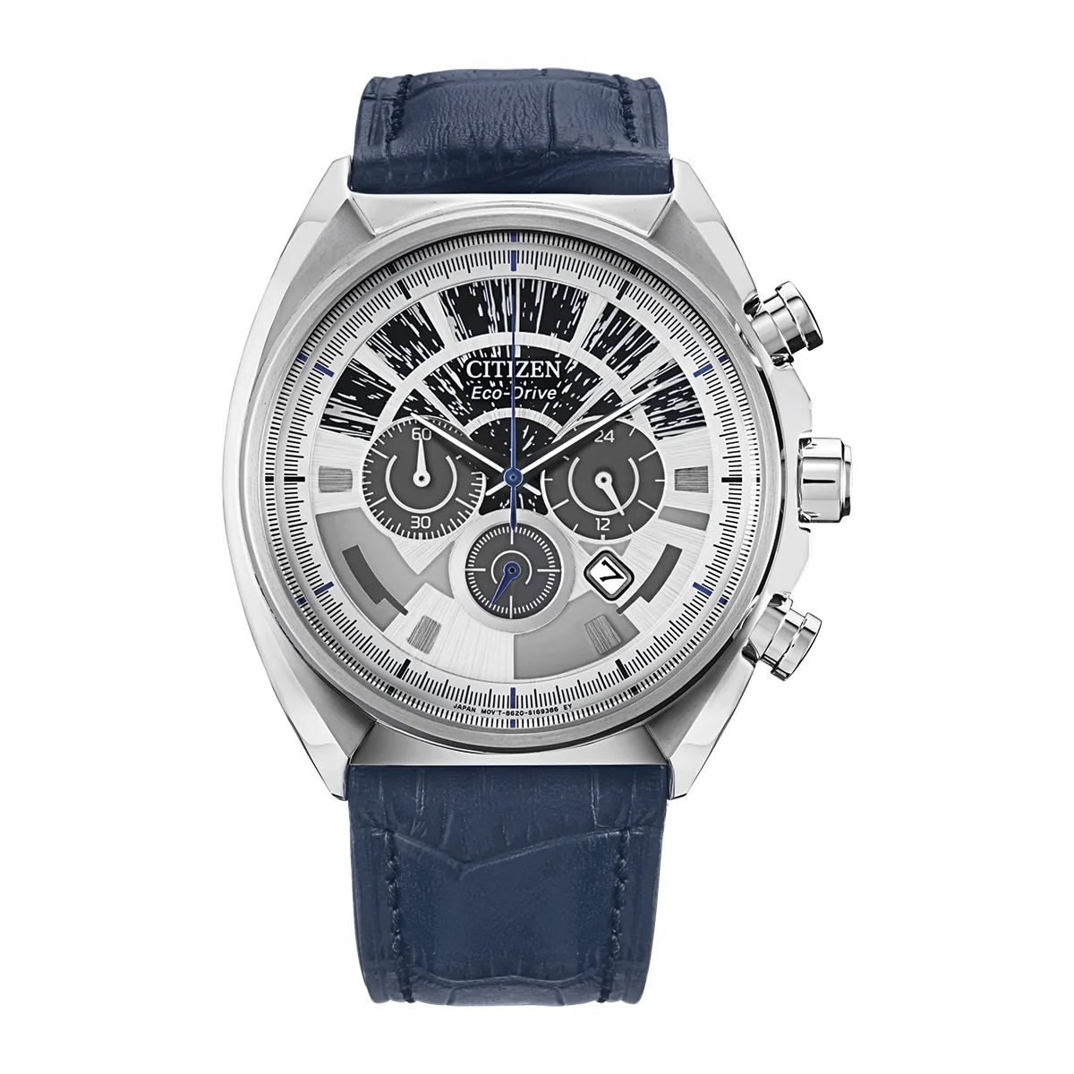Reloj Citizen análogo, para Hombre, tablero redondo color plateado, estilo index, pulso cuero color azul, calendario, cronografo