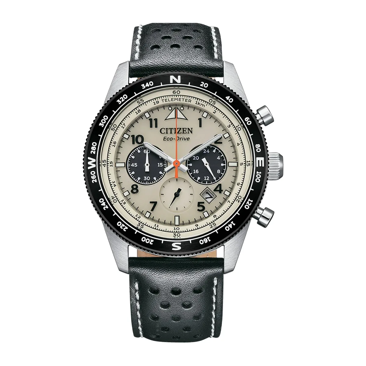 Reloj Citizen analogo, para Hombre, tablero redondo colores beige y negro, estilo index + arabigo, pulso cuero color negro, calendario, cronografo