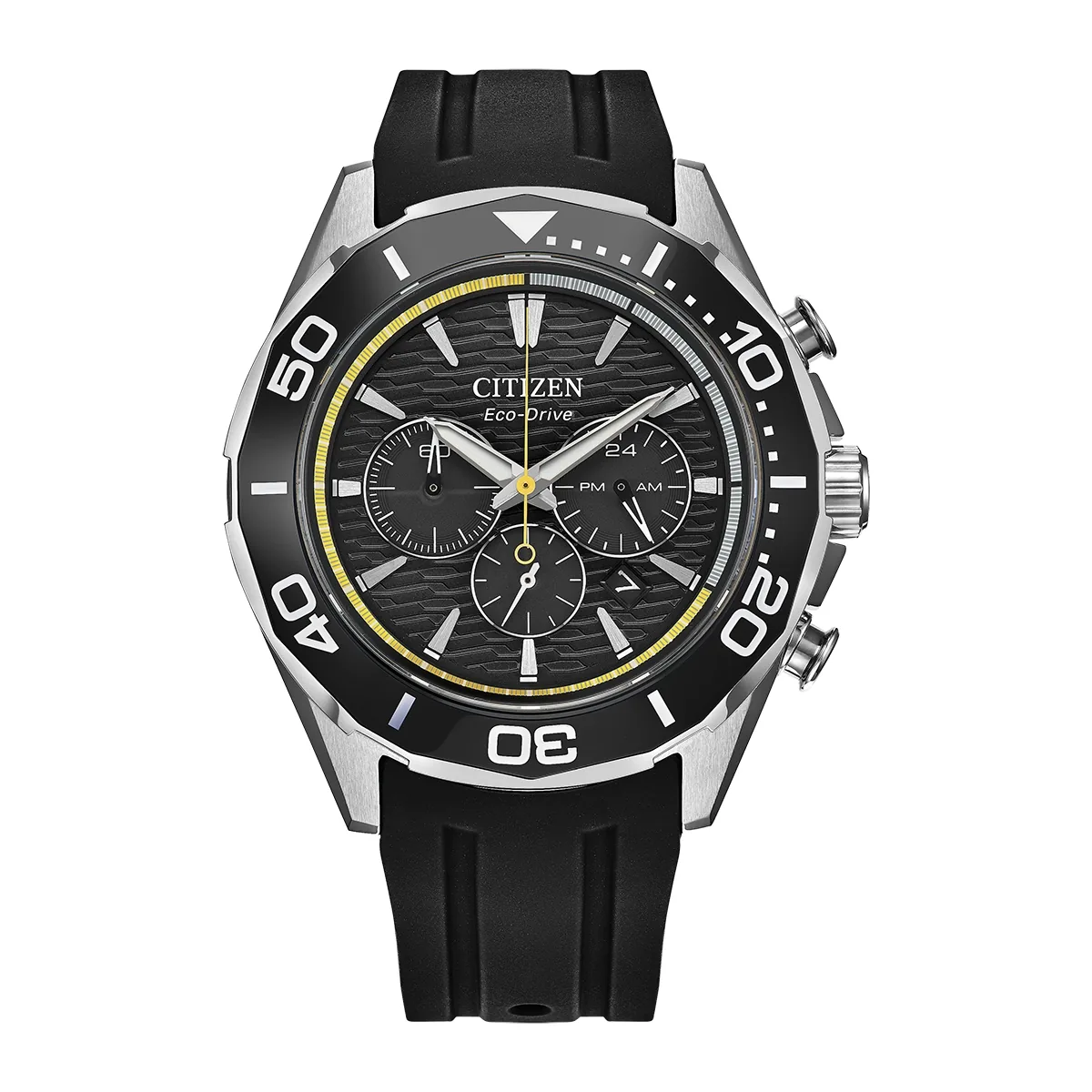 Reloj Citizen análogo, para Hombre, tablero redondo colores negro y blanco, estilo index, pulso silicona color negro, calendario, cronografo