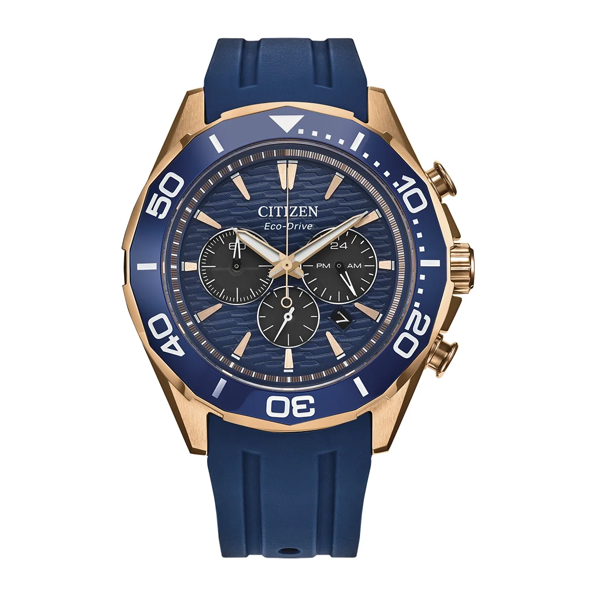 Reloj Citizen análogo, para Hombre, tablero redondo colores azul y rosa, estilo index, pulso silicona color azul, calendario, cronografo