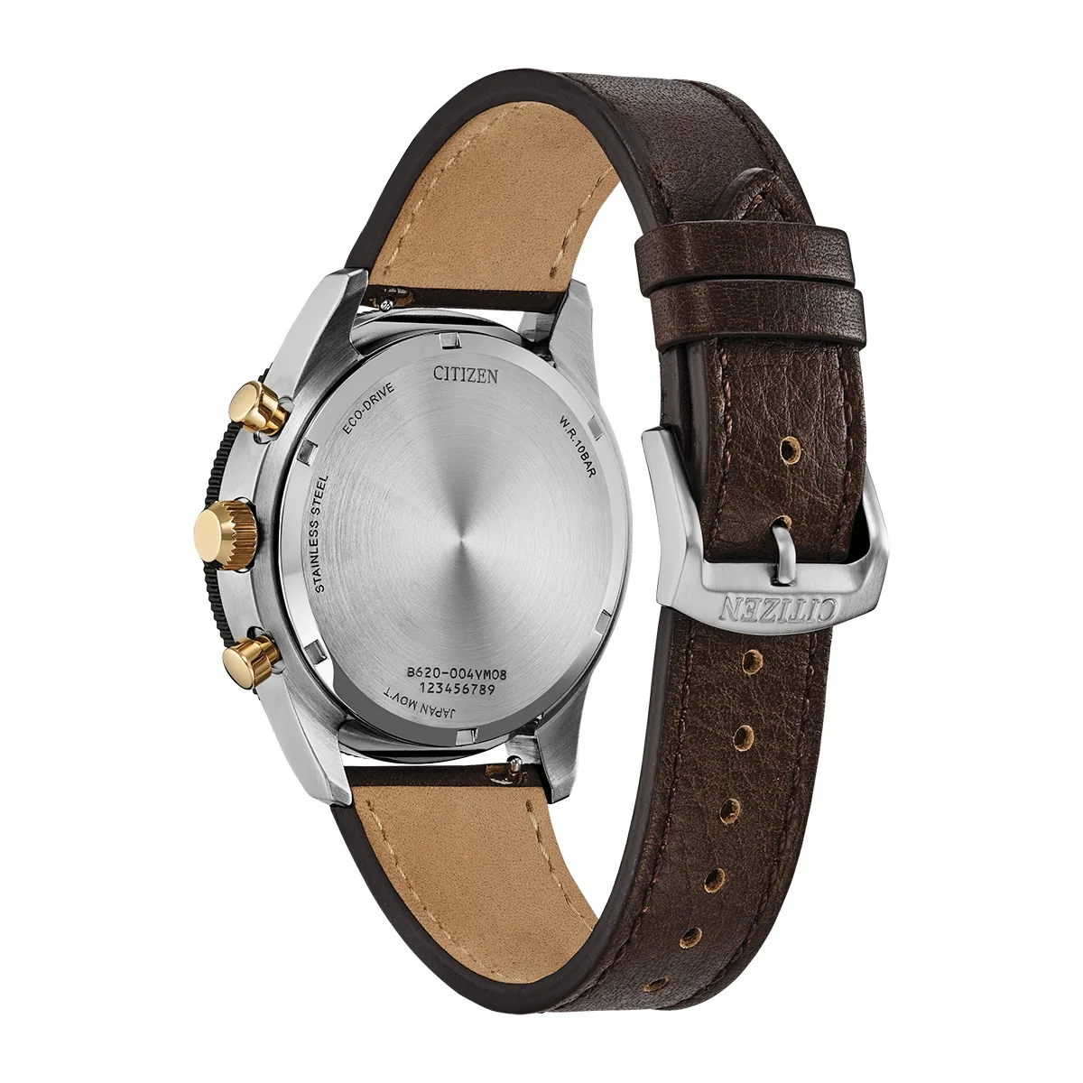 Reloj Citizen análogo, para Hombre, tablero redondo colores café y dorado, estilo arábigos, pulso cuero color café, calendario, cronografo