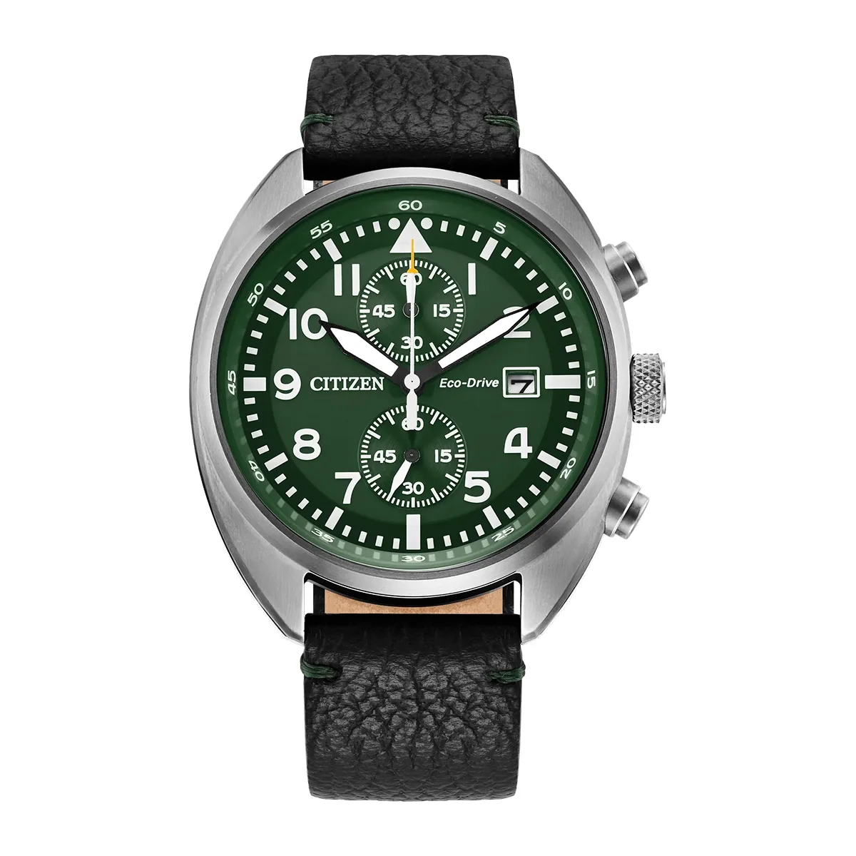 Reloj Citizen análogo, para Hombre, tablero redondo color verde, estilo index + arábigo, pulso cuero color negro