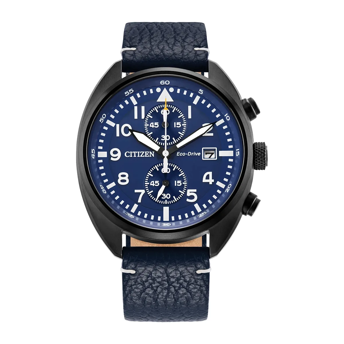 Reloj Citizen análogo, para Hombre, tablero redondo color azul, estilo arábigos, pulso cuero color azul, cronografo