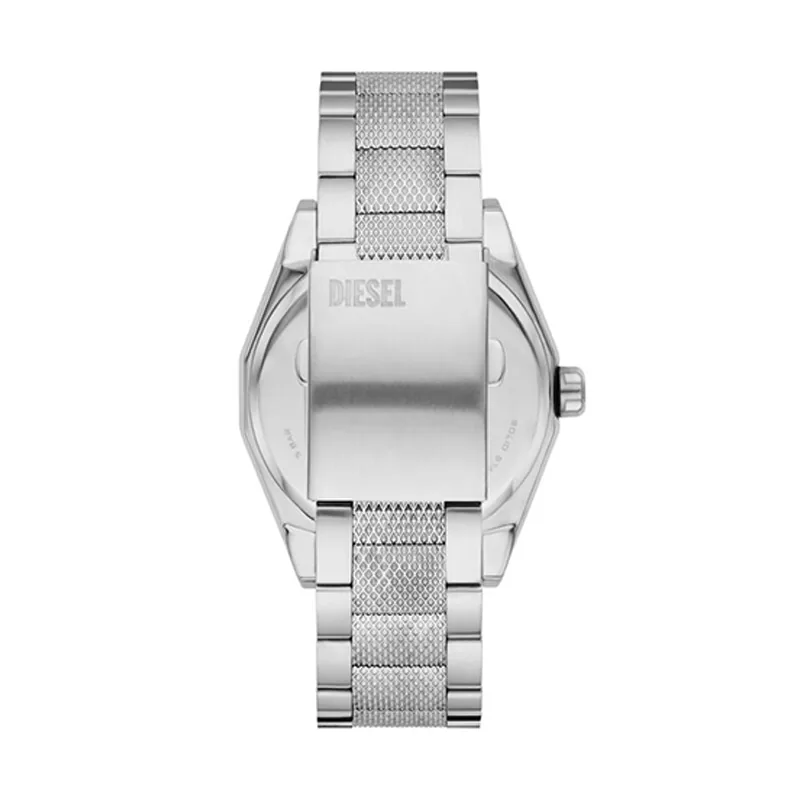 Reloj Diesel analogo, para Hombre, tablero redondo colores negro y rojo, estilo index + arabigo, pulso acero color plateado