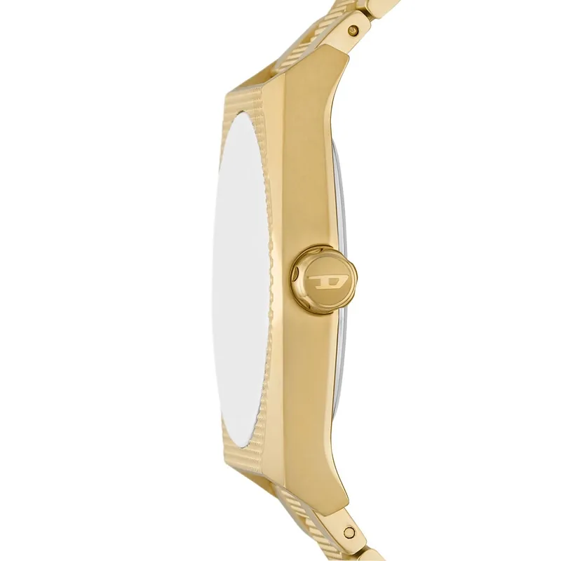 Reloj Diesel analogo, para Hombre, tablero redondo color dorado, estilo index + arabigo, pulso acero color dorado