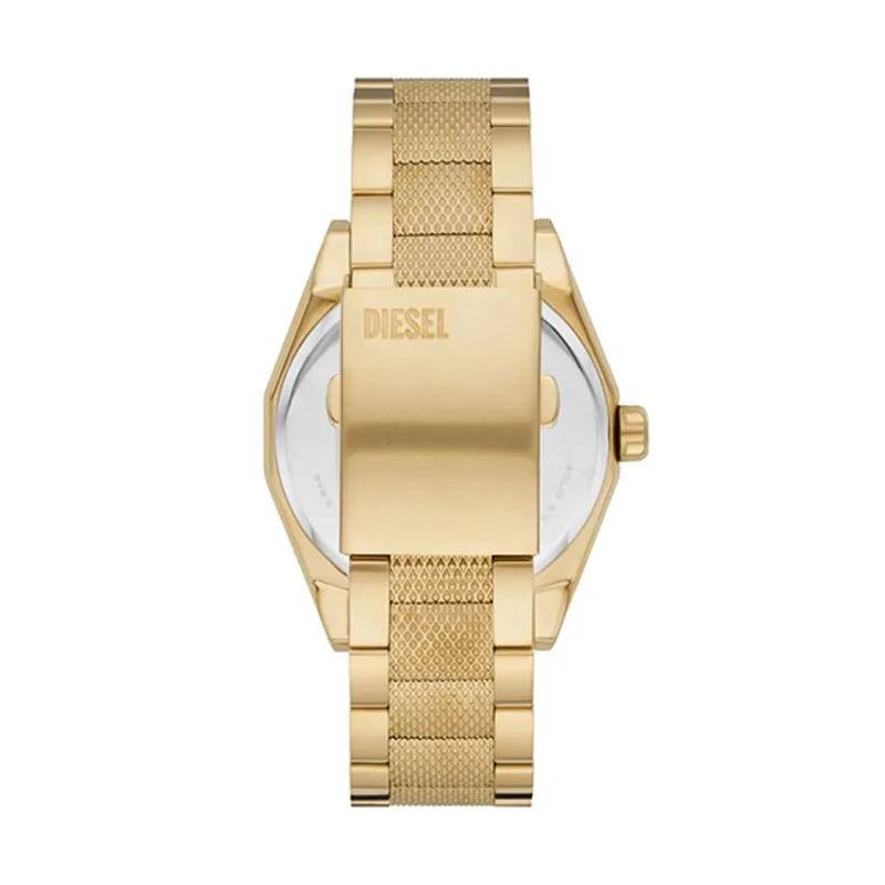 Reloj Diesel analogo, para Hombre, tablero redondo color dorado, estilo index + arabigo, pulso acero color dorado