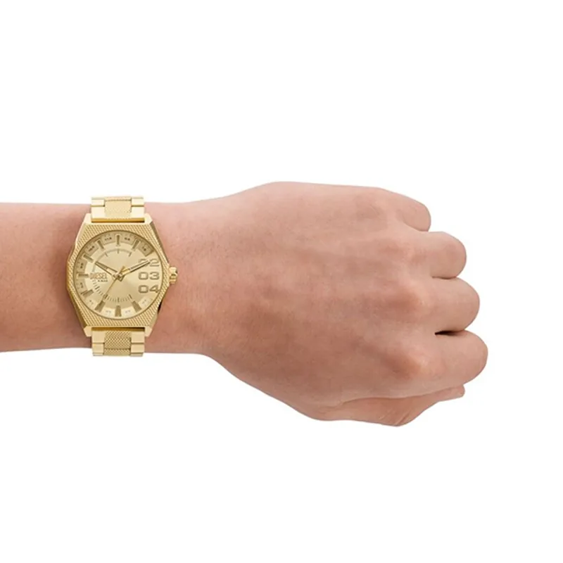 Reloj Diesel analogo, para Hombre, tablero redondo color dorado, estilo index + arabigo, pulso acero color dorado