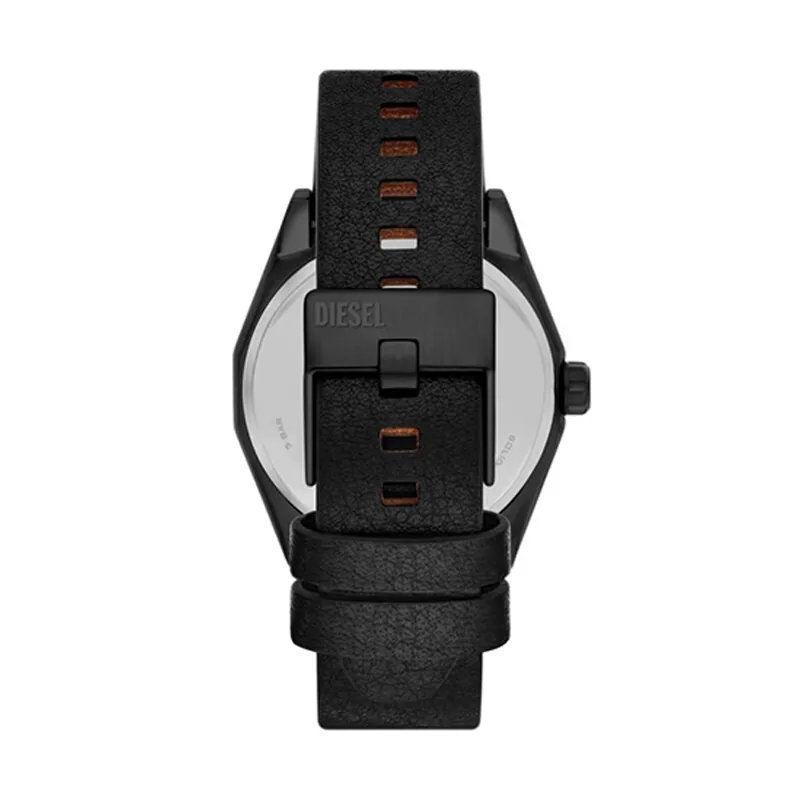 Reloj Diesel analogo, para Hombre, tablero redondo color negro, estilo index + arabigo, pulso cuero color negro