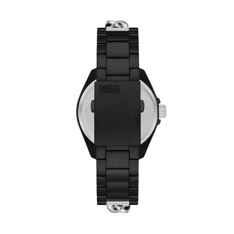 Reloj Diesel analogo, para Hombre, tablero redondo color plateado, estilo index, pulso acero colores negro y plateado, calendario