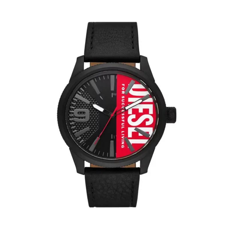 Reloj Diesel analogo, para Hombre, tablero redondo colores negro y rojo, estilo index + arabigo, pulso cuero color negro