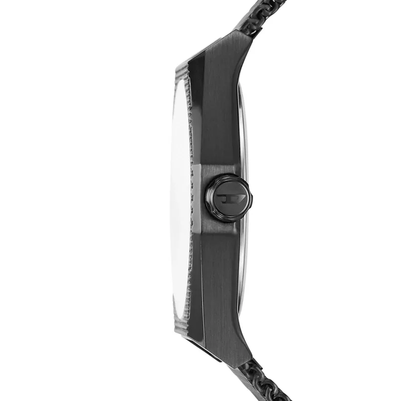 Reloj Diesel analogo, para Hombre, tablero redondo colores negro y dorado, estilo index + arabigo, pulso acero color negro