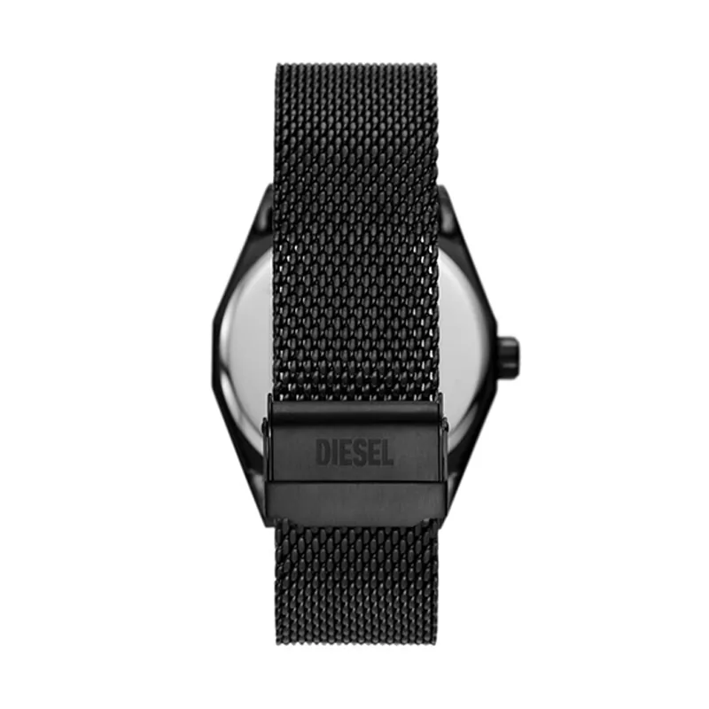 Reloj Diesel analogo, para Hombre, tablero redondo colores negro y dorado, estilo index + arabigo, pulso acero color negro
