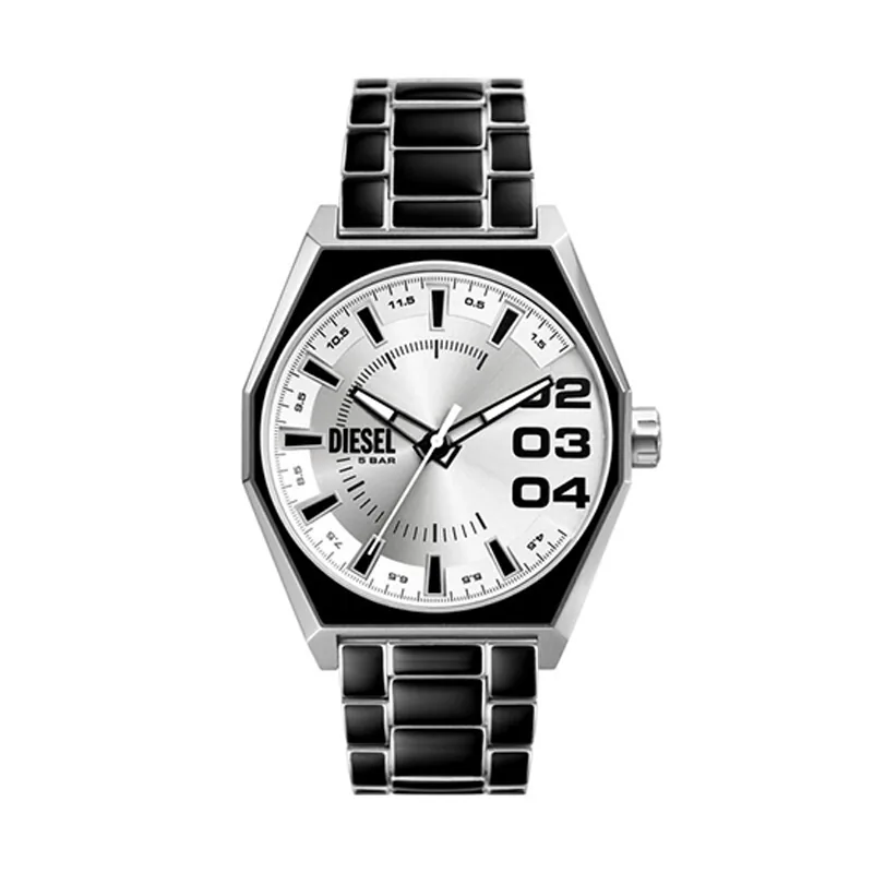 Reloj Diesel analogo, para Hombre, tablero redondo color plateado, estilo index + arabigo, pulso acero colores negro y plateado