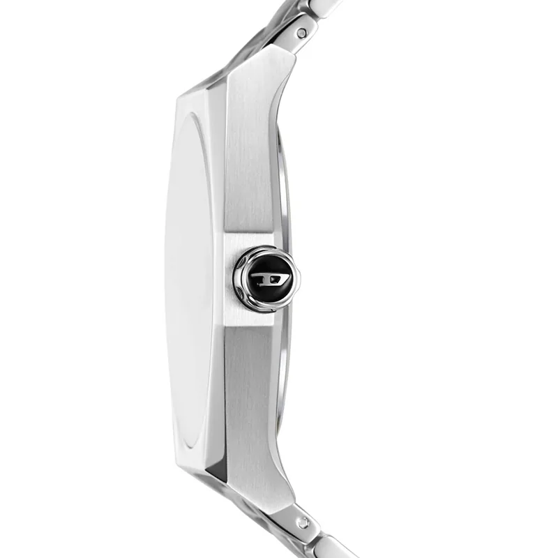 Reloj Diesel analogo, para Hombre, tablero redondo color plateado, estilo index + arabigo, pulso acero colores negro y plateado