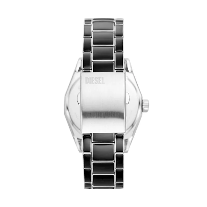 Reloj Diesel analogo, para Hombre, tablero redondo color plateado, estilo index + arabigo, pulso acero colores negro y plateado