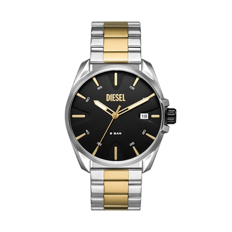 Reloj Diesel analogo, para Hombre, tablero redondo colores negro y dorado, estilo index, pulso acero colores plateado y dorado, calendario