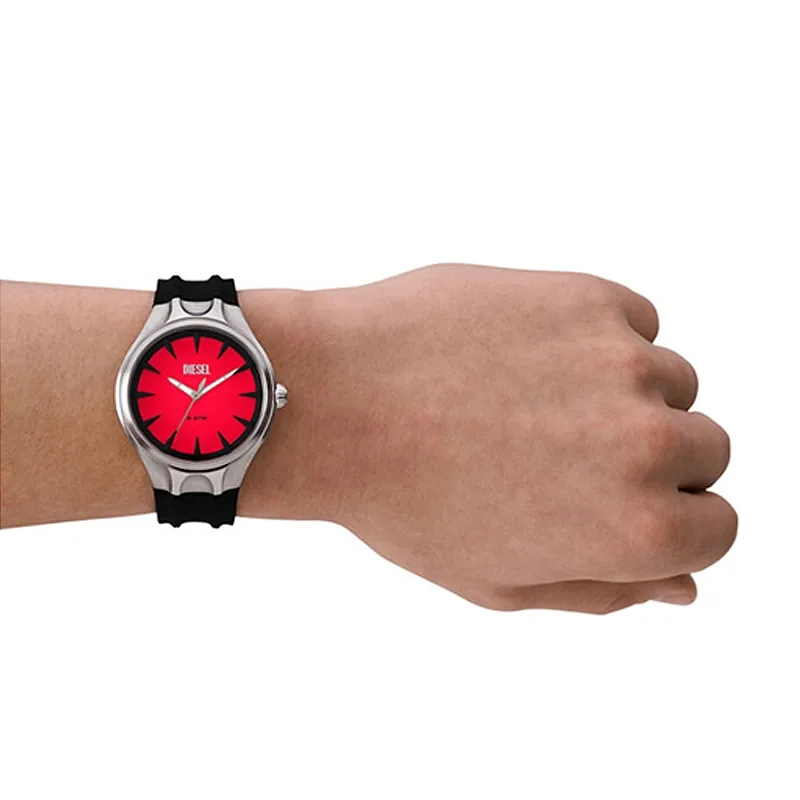 Reloj Diesel analogo, para Hombre, tablero redondo color rojo, estilo index, pulso silicona color negro